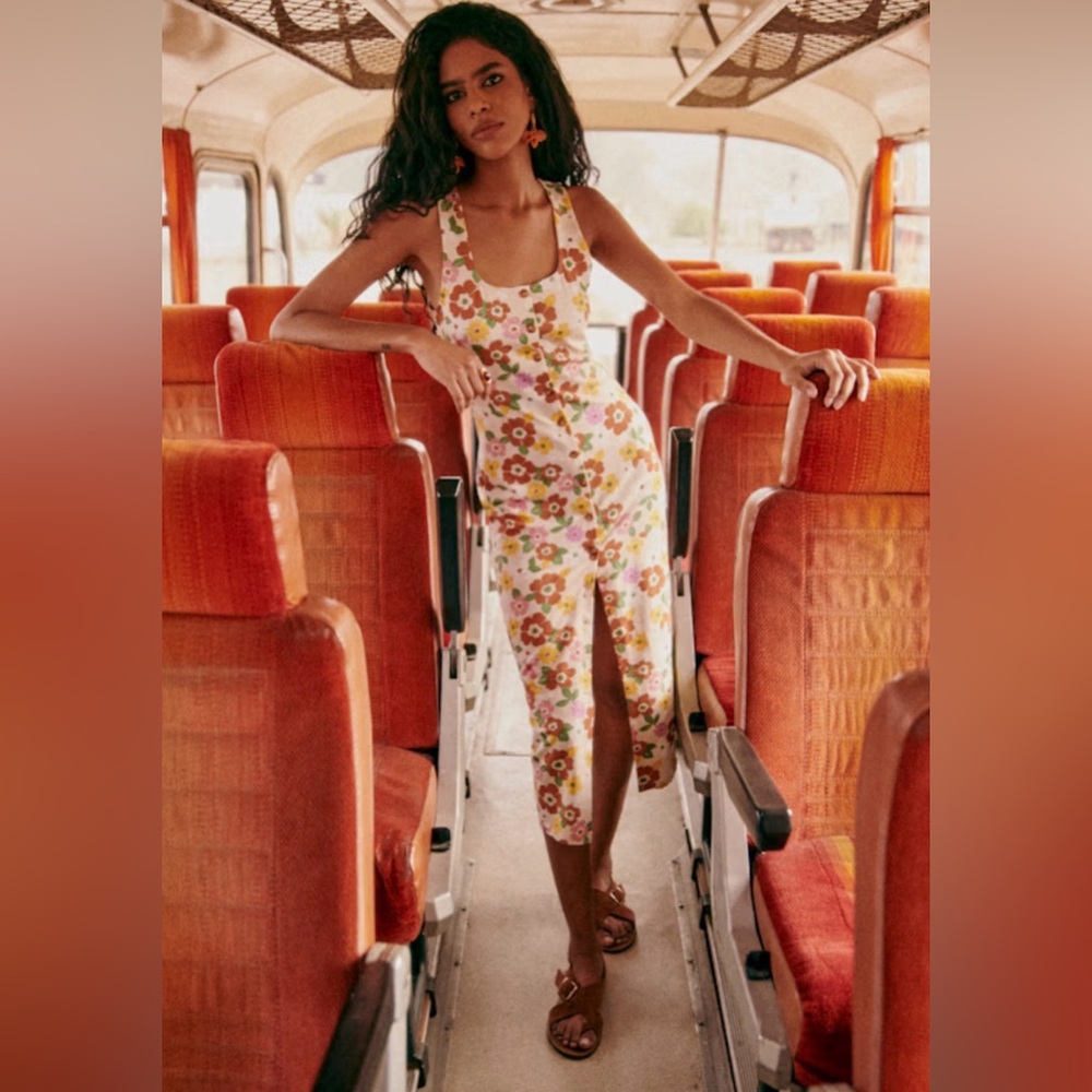 Sezane Fabiola Floral Midi Dress in Sol Print with Pink, Green & Orange Flowers